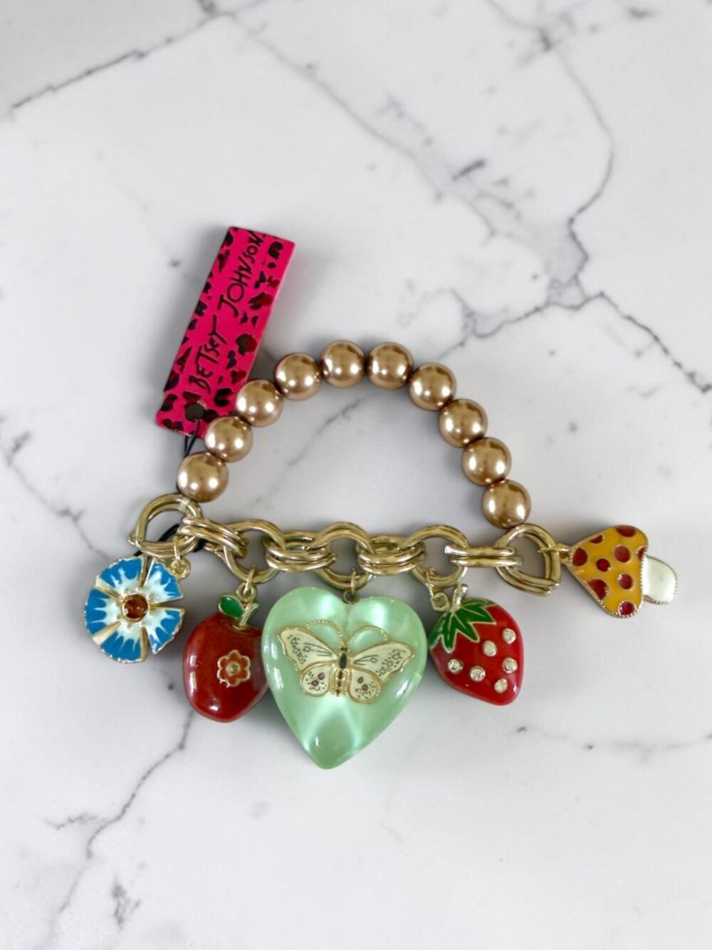 Betsey Johnson Betsey’s Backyard Butterfly Charm Pearl Half Stretch Bracelet NEW